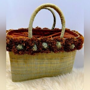 Natural Straw/Raffia Drawstring Bucket Tote with Raffia Pom Poms Top Handles
